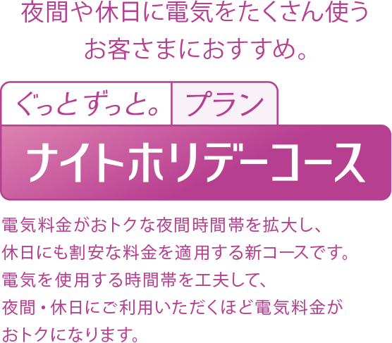 平日や休日に電気をたくさん使うお客さまにおすすめ。　ぐっと ずっと。プランナイトホリデーコース