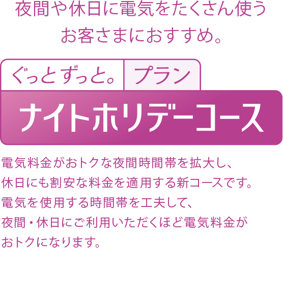 平日や休日に電気をたくさん使うお客さまにおすすめ。　ぐっと ずっと。プランナイトホリデーコース