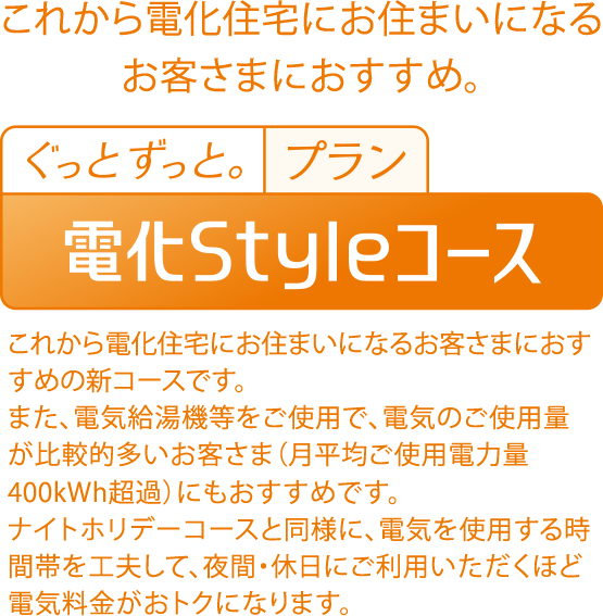 これから電化住宅にお住まいになるお客さまにおすすめ。ぐっと ずっと。プラン電化STyleコース