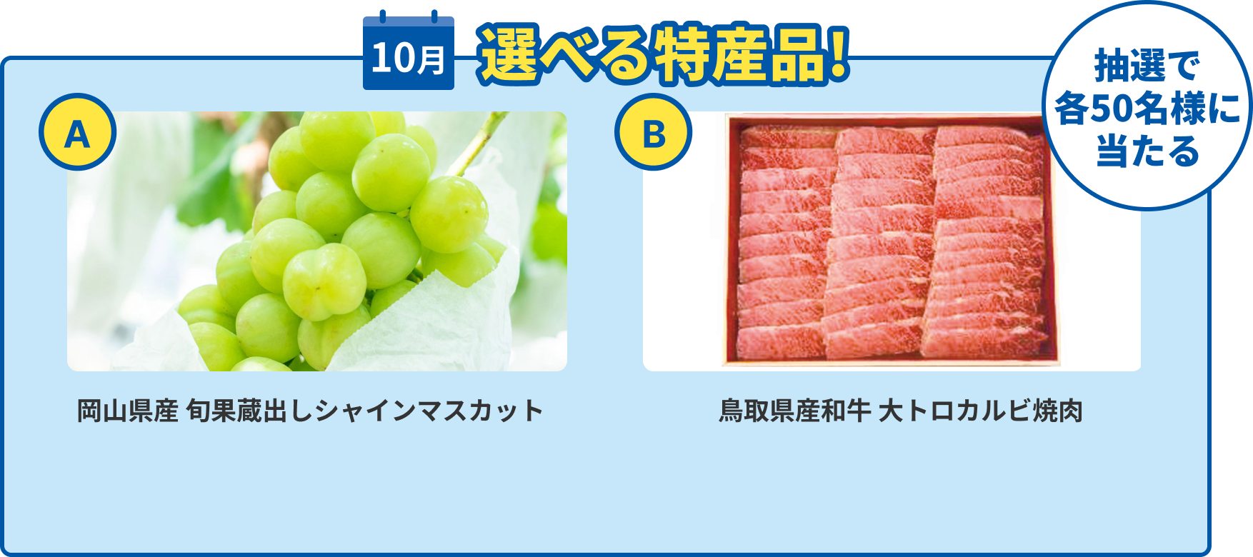 10月 選べる特産品！ 抽選で各５０名様に当たる A 岡山県産 旬果蔵出しシャインマスカット B 鳥取県産和牛 大トロカルビ焼肉